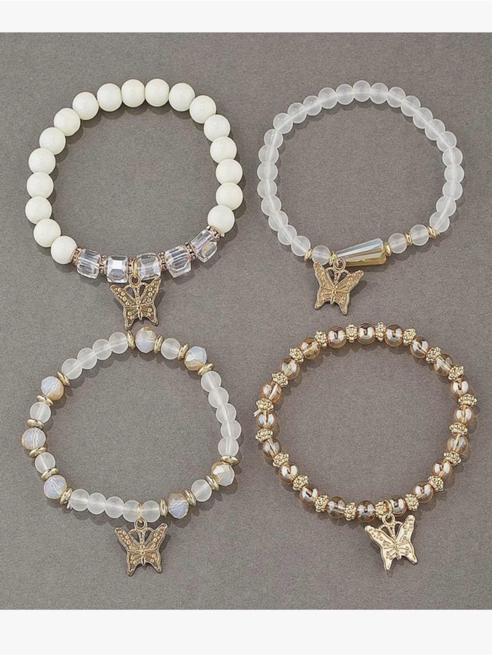 Boho Gold Butterfly Charm Beaded Bracelet Set Stack Cream Amber 4PC Stretch New - Picture 11 of 12